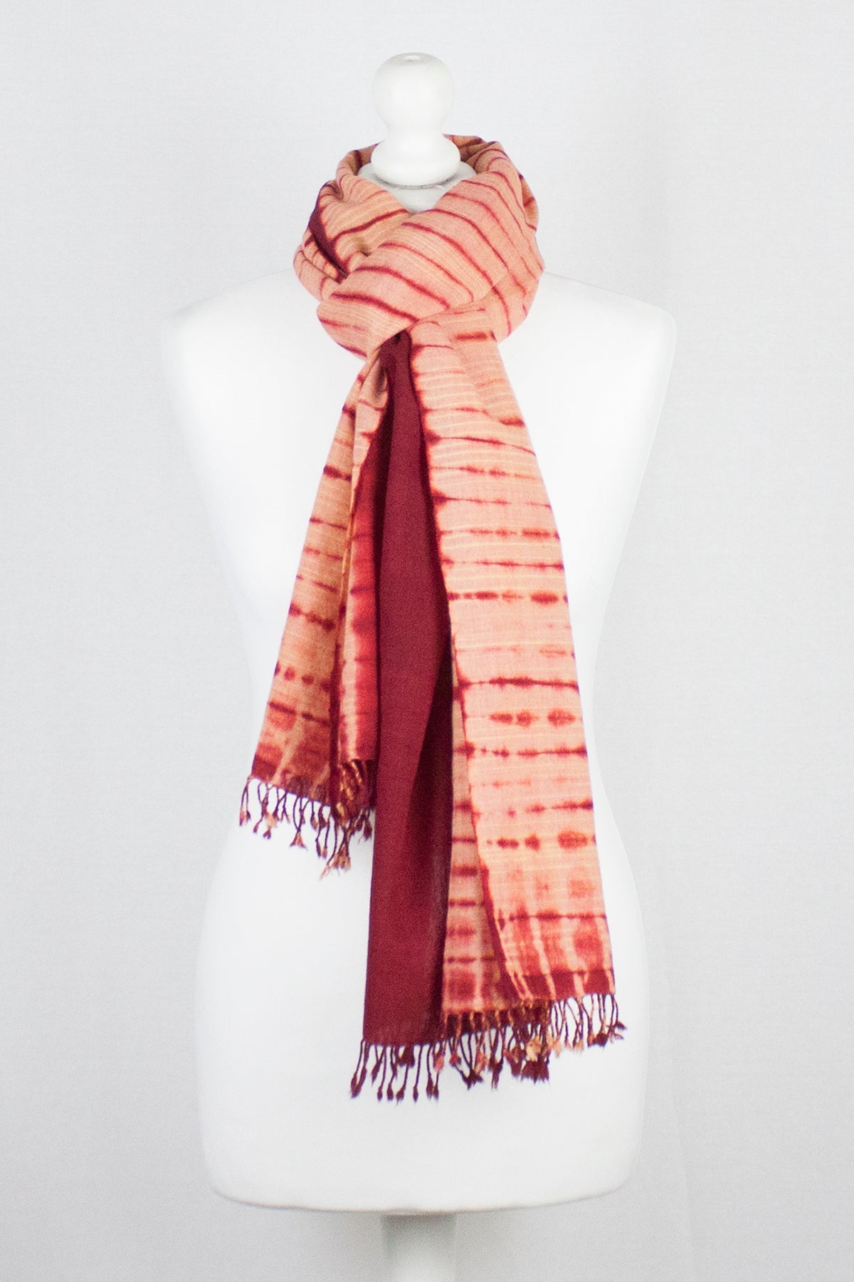 Shibori Dyed Handwoven Wool Scarf - Peach Red-1