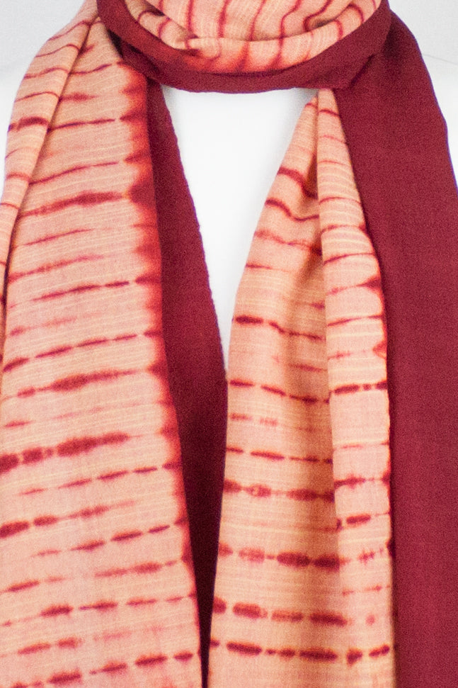 Shibori Dyed Handwoven Wool Scarf - Peach Red-2