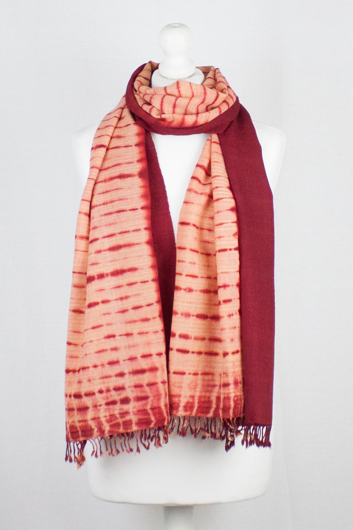 Shibori Dyed Handwoven Wool Scarf - Peach Red-0