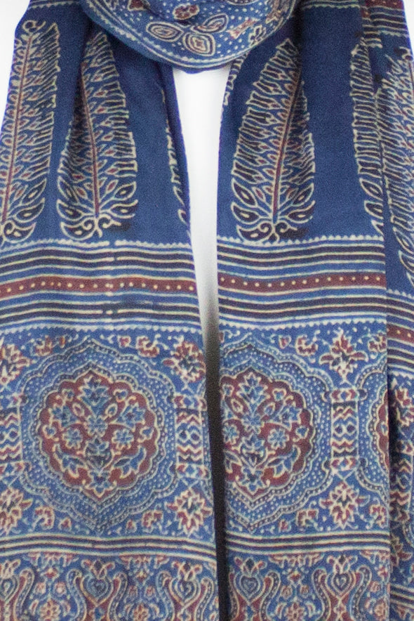 Traditional Geometric & Paisley Ajrakh Block Print Scarf - Blue Red-2