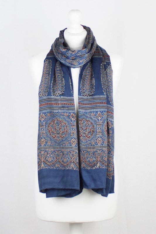 Traditional Geometric & Paisley Ajrakh Block Print Scarf - Blue Red-0