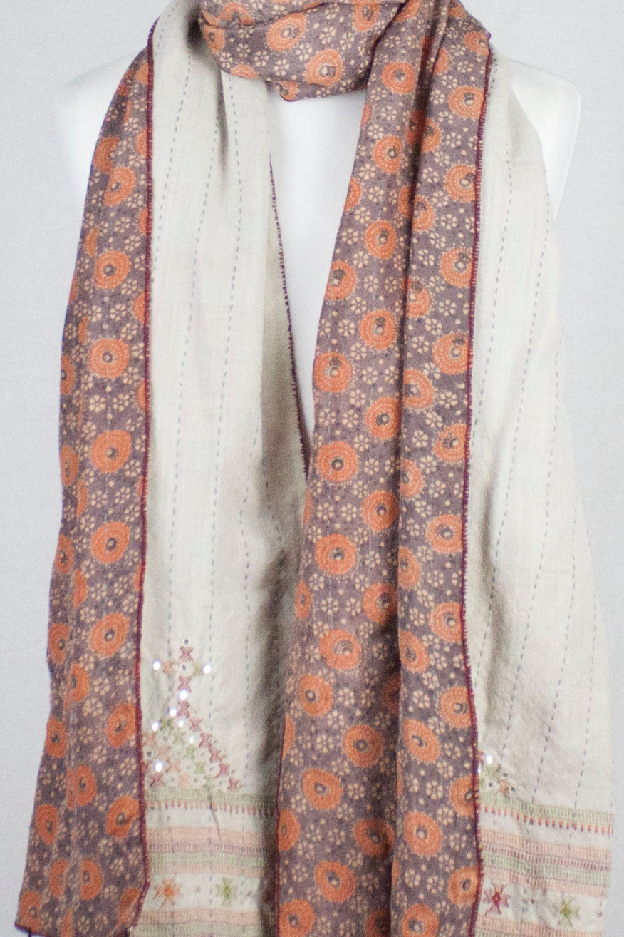 Double Sided Ajrakh Print Silk and Woolen Embroidered Scarf - Orange Off White-2