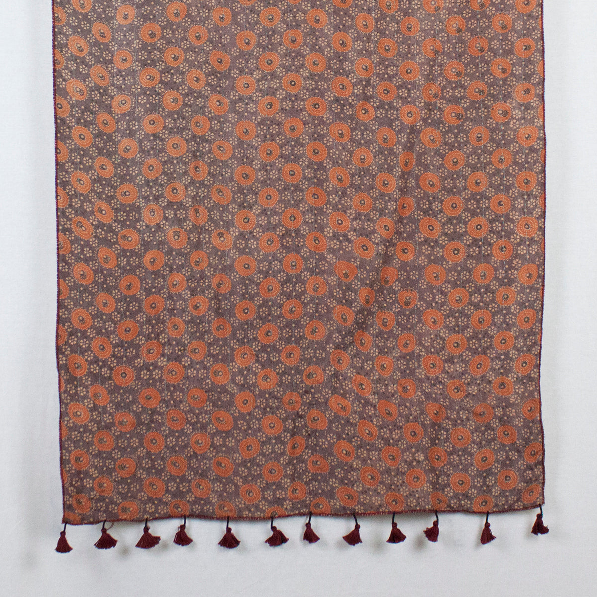 Double Sided Ajrakh Print Silk and Woolen Embroidered Scarf - Orange Off White-3