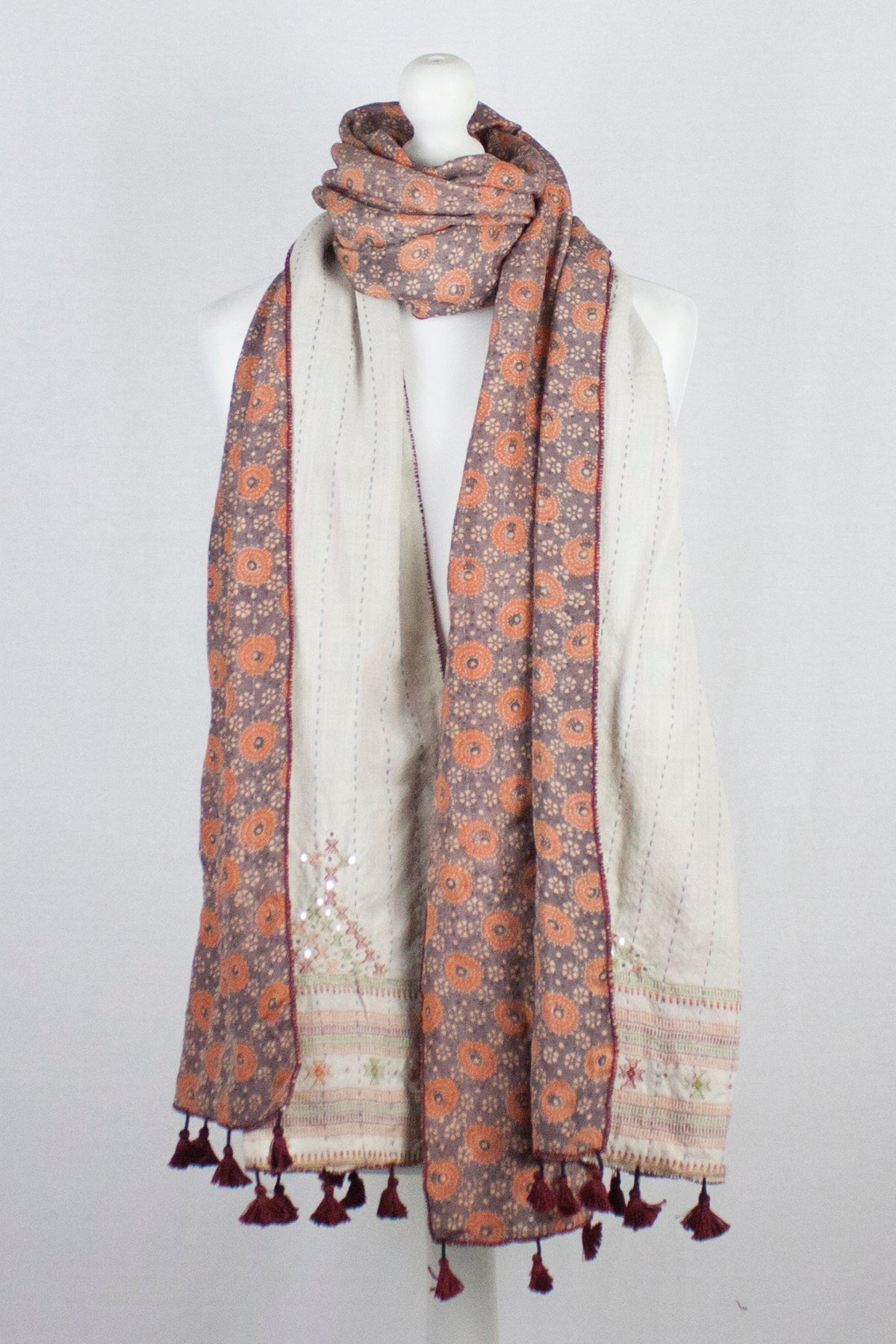 Double Sided Ajrakh Print Silk and Woolen Embroidered Scarf - Orange Off White-0