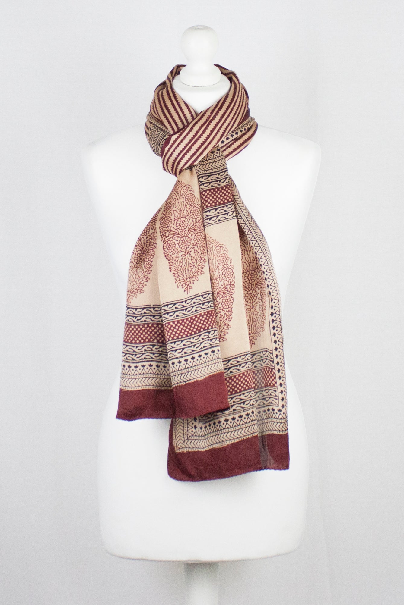 Edgy Stripes Print Bagh Hand-block Print Silk Scarf - Red-1