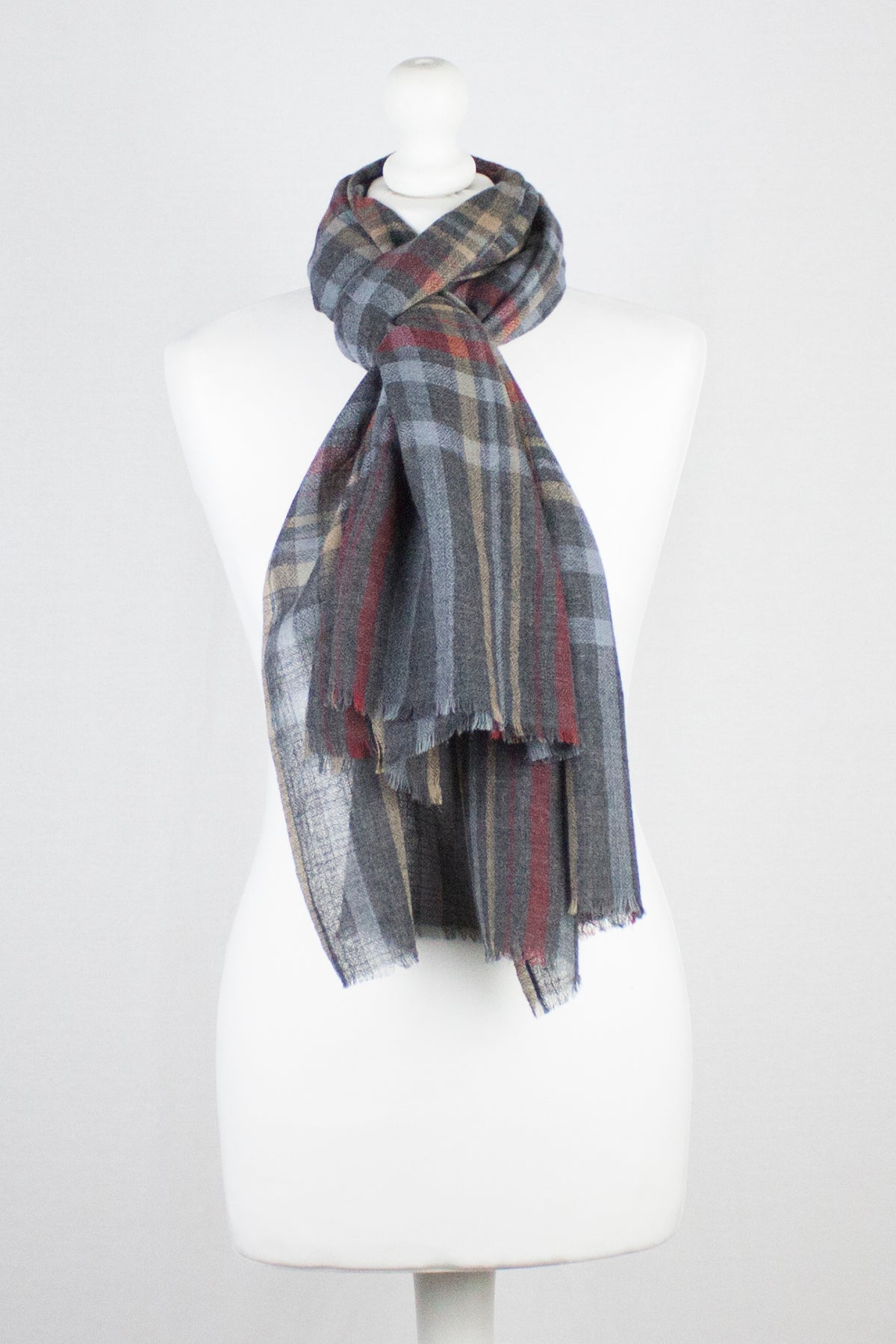 Yarn Dyed Checks Diamond Weave Merino Wool Scarf - Stone Grey Multi-1