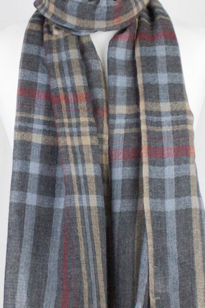 Yarn Dyed Checks Diamond Weave Merino Wool Scarf - Stone Grey Multi-2