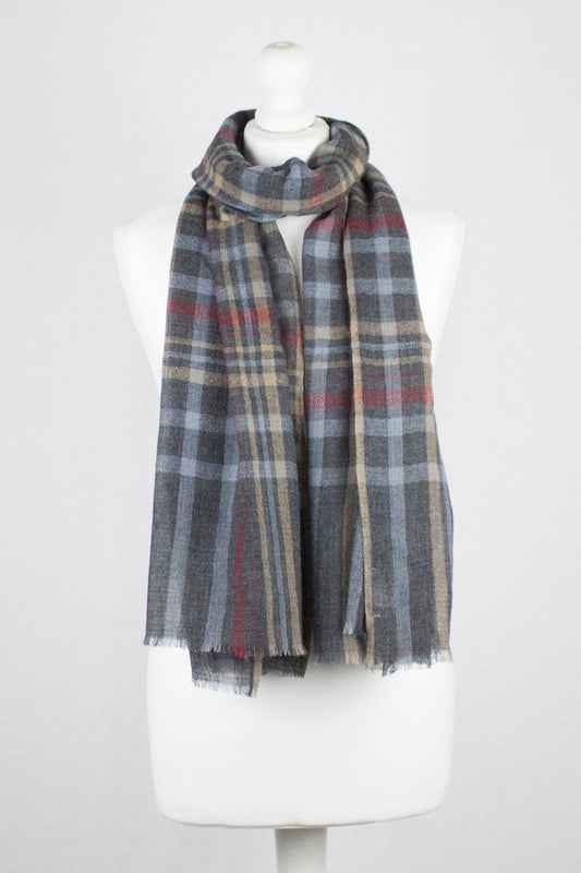 Yarn Dyed Checks Diamond Weave Merino Wool Scarf - Stone Grey Multi-0