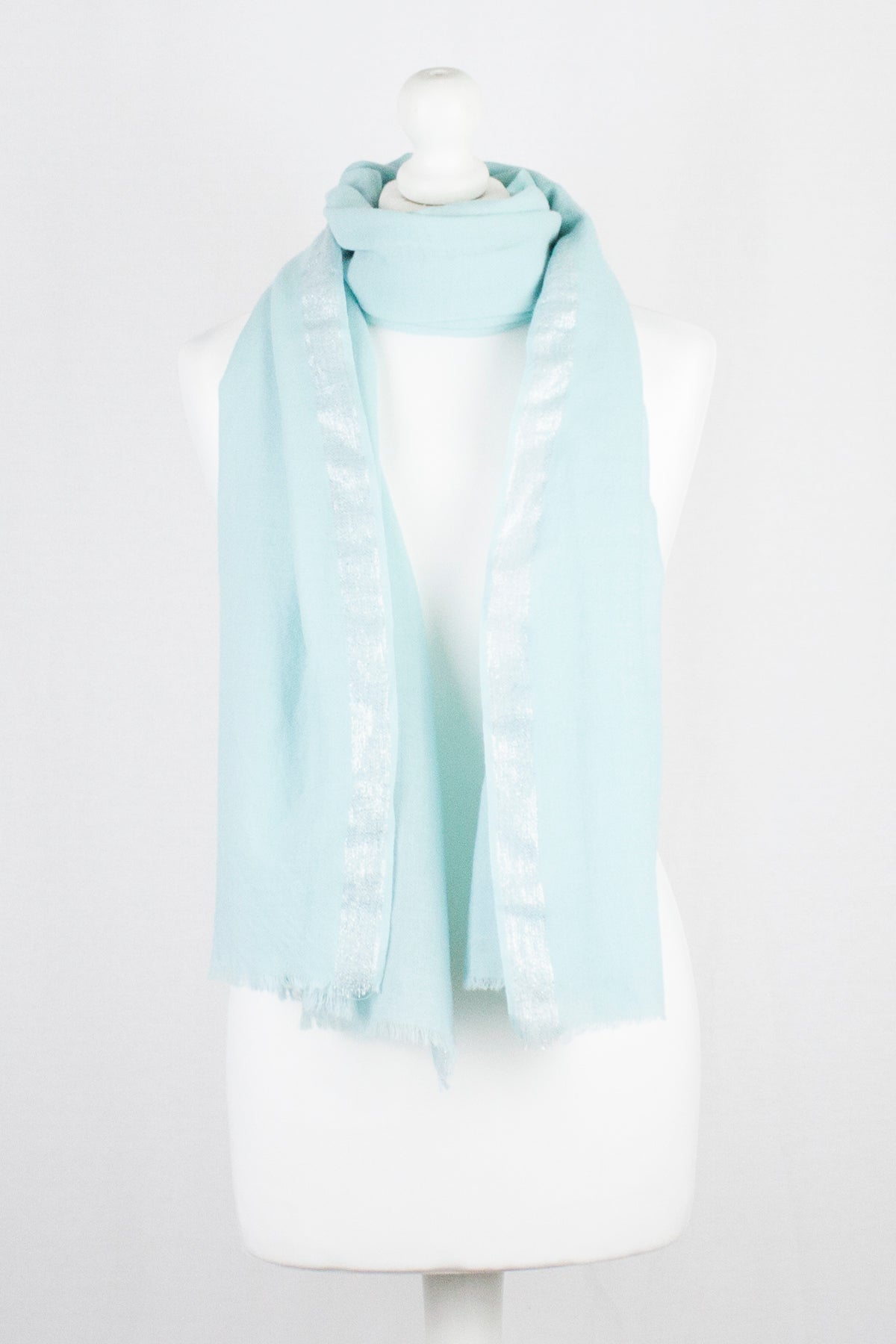 Twill Weave with Silver Lurex Border Merino Wool Scarf - Mint Green-0