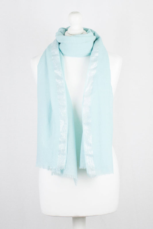 Twill Weave with Silver Lurex Border Merino Wool Scarf - Mint Green-0