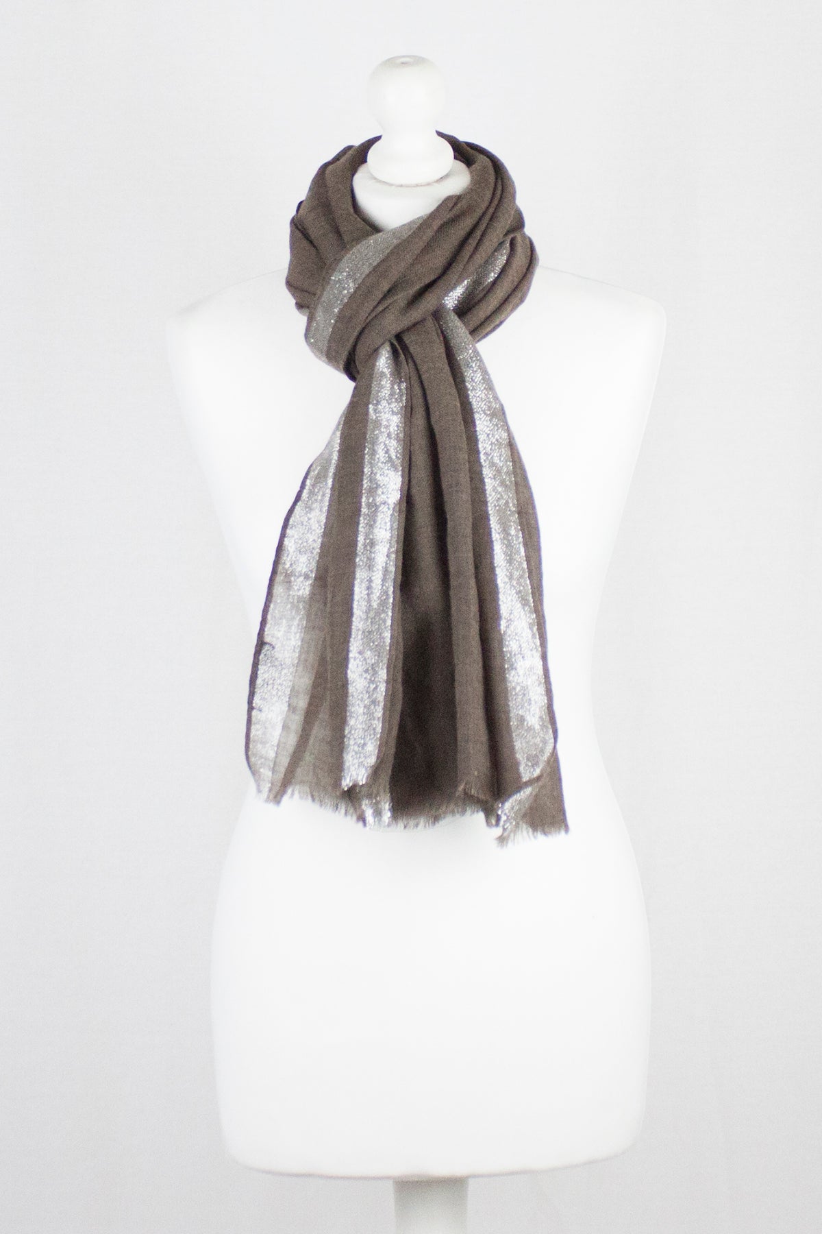 Twill Weave with Silver Lurex Border Merino Wool Scarf - Wood Brown-1