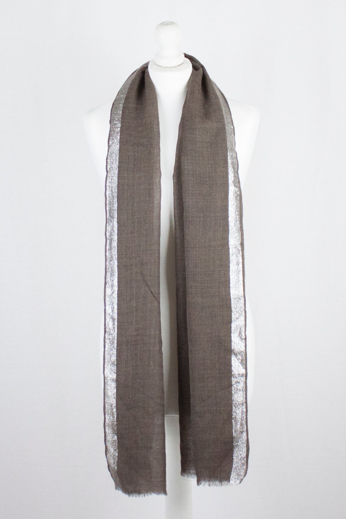 Twill Weave with Silver Lurex Border Merino Wool Scarf - Wood Brown-2