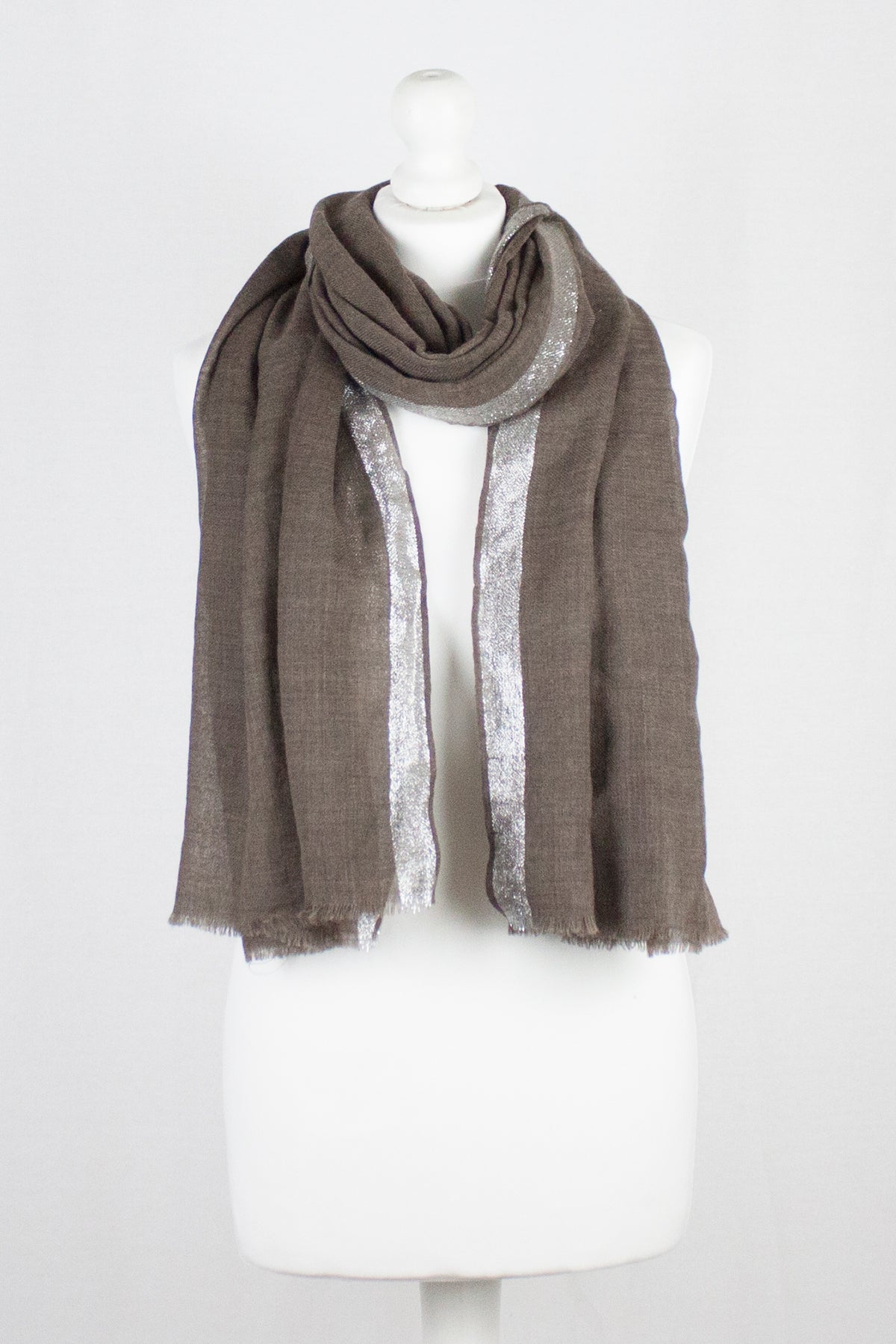 Twill Weave with Silver Lurex Border Merino Wool Scarf - Wood Brown-0