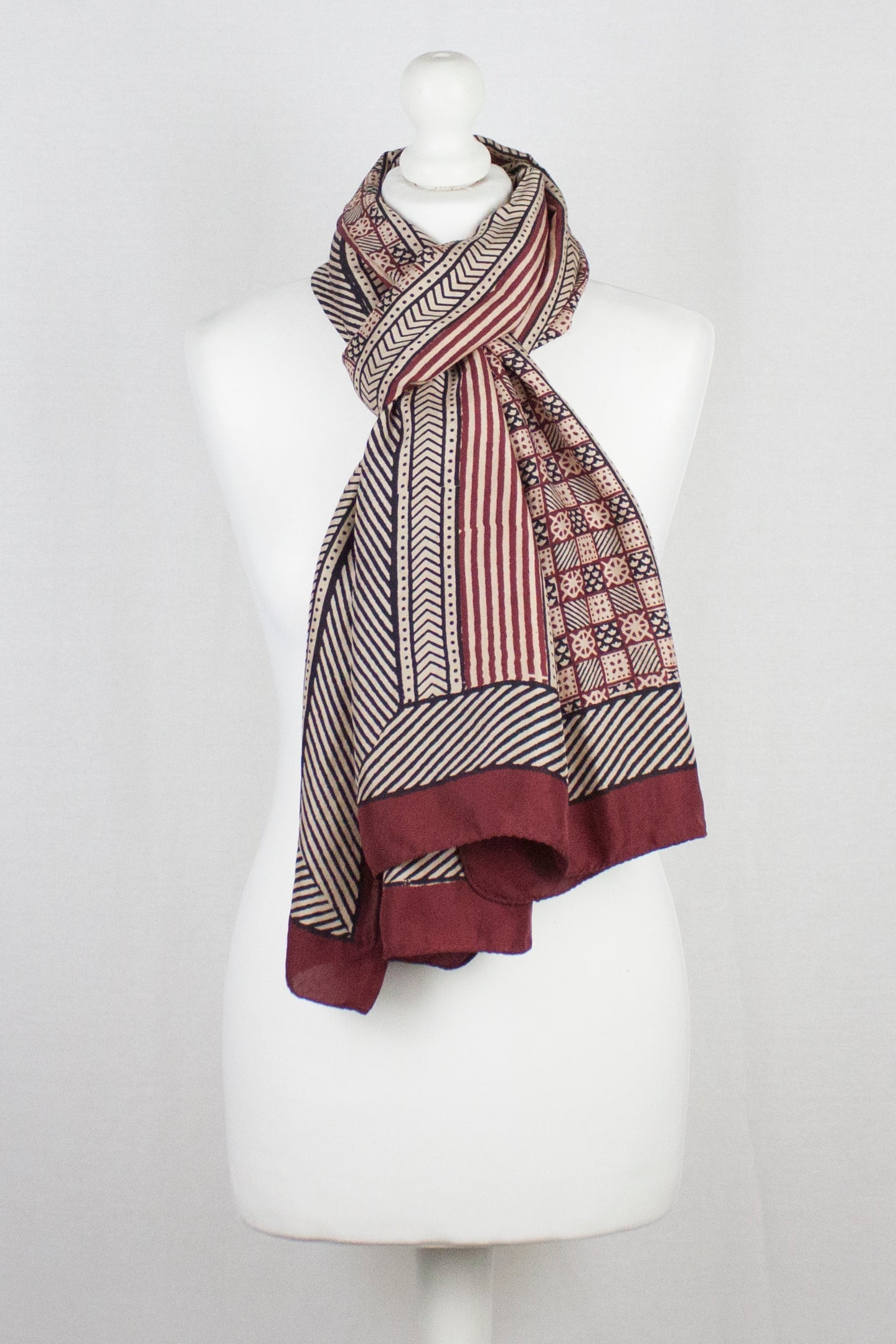 Checks & Stripes Bagh Hand-block Print Silk Scarf - Red-0