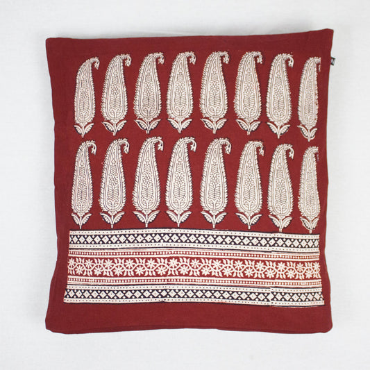 Long Paisley Bagh Hand Block Print Cotton Cushion Cover - Red-0