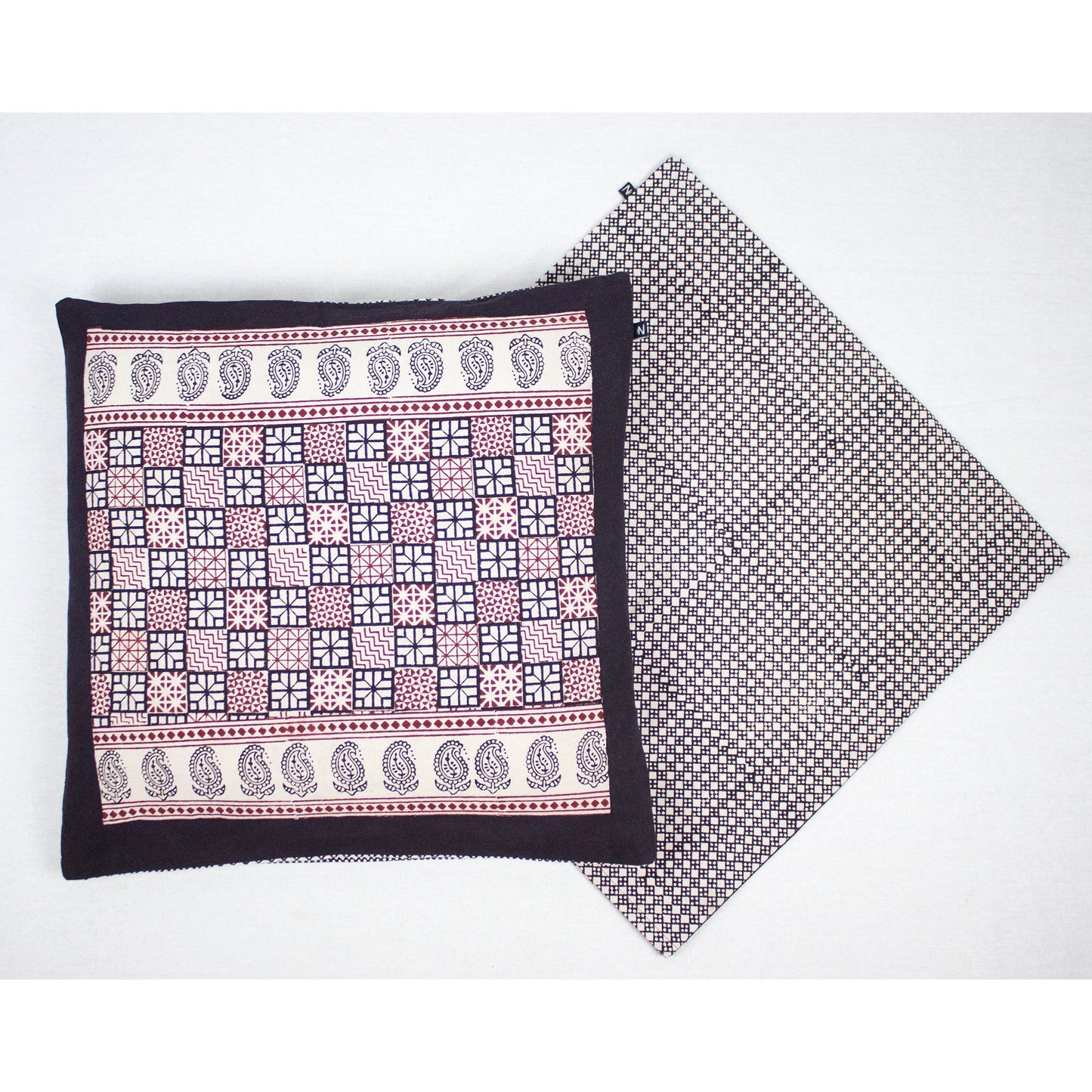 Checks Mix & Diamond Bagh Hand Block Print Cotton Cushion Cover - White Black Red-1