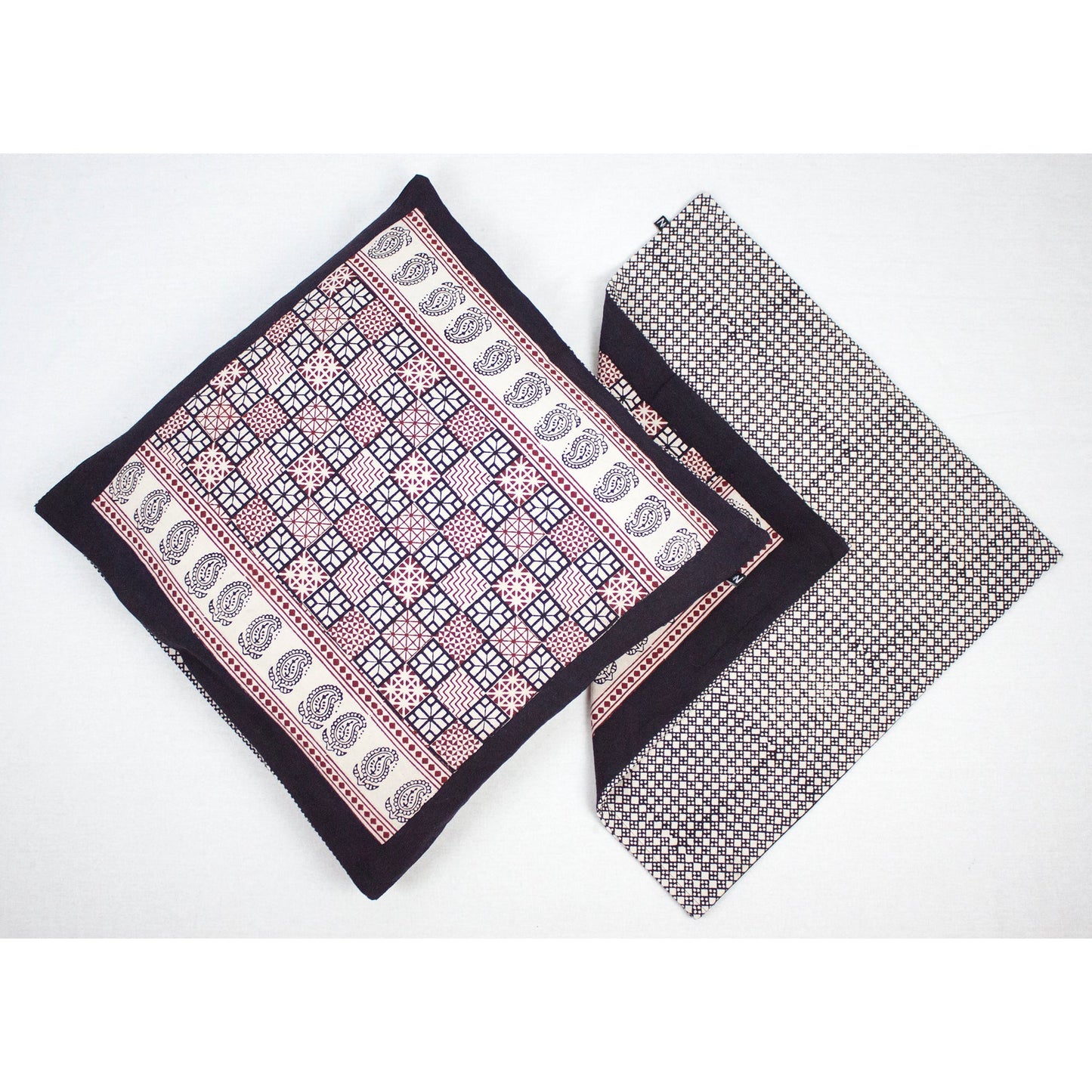 Checks Mix & Diamond Bagh Hand Block Print Cotton Cushion Cover - White Black Red-2