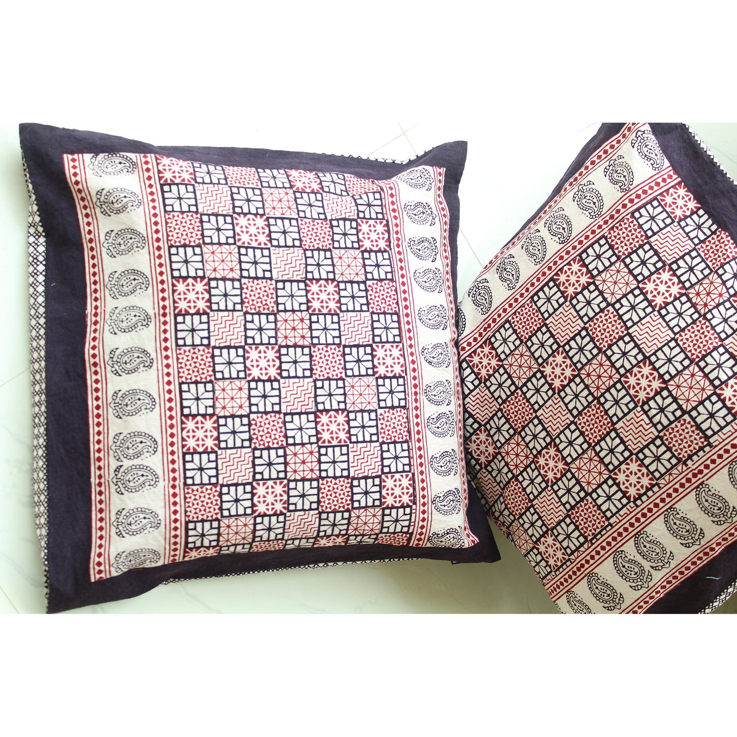 Checks Mix & Diamond Bagh Hand Block Print Cotton Cushion Cover - White Black Red-3