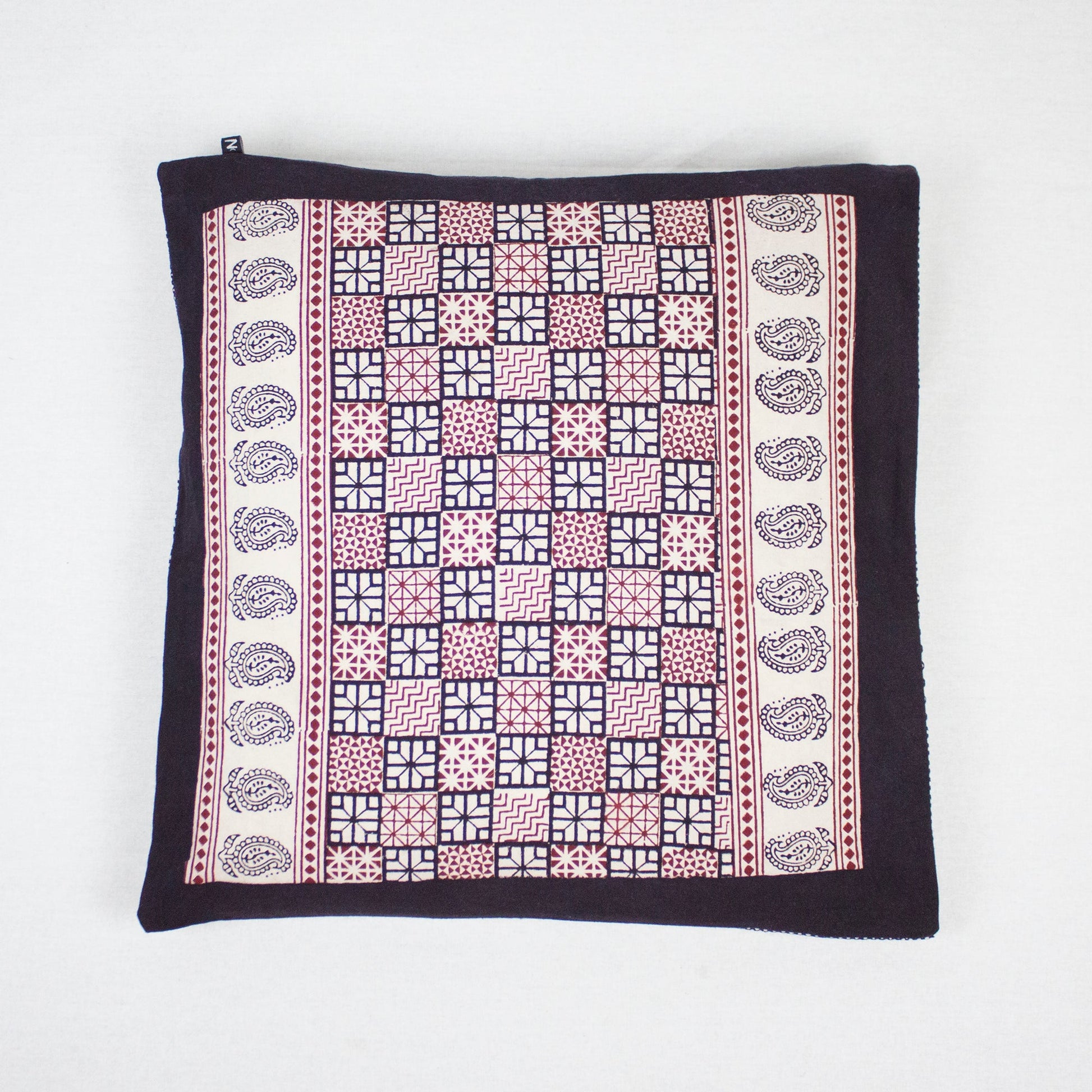 Checks Mix & Diamond Bagh Hand Block Print Cotton Cushion Cover - White Black Red-0