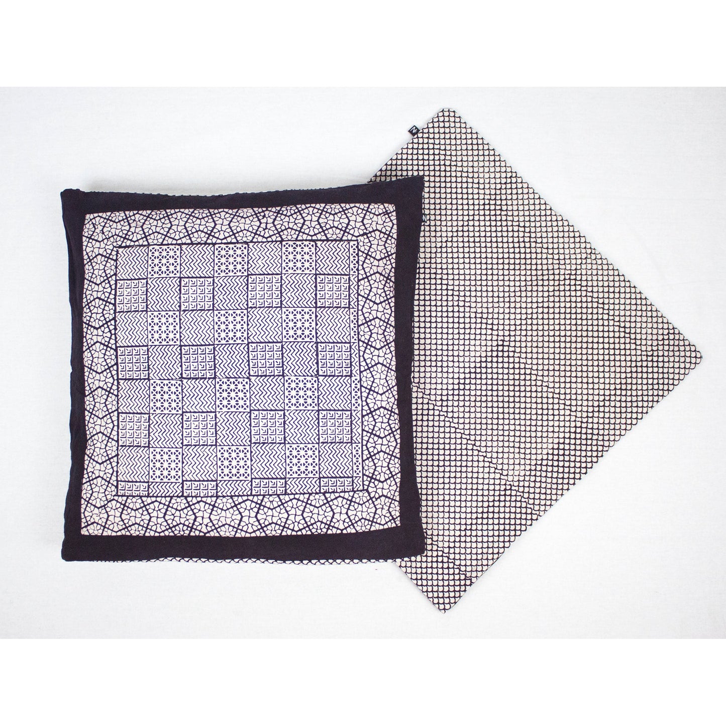Checks Mix & Seashell Bagh Hand Block Print Cotton Cushion Cover - White Black-1