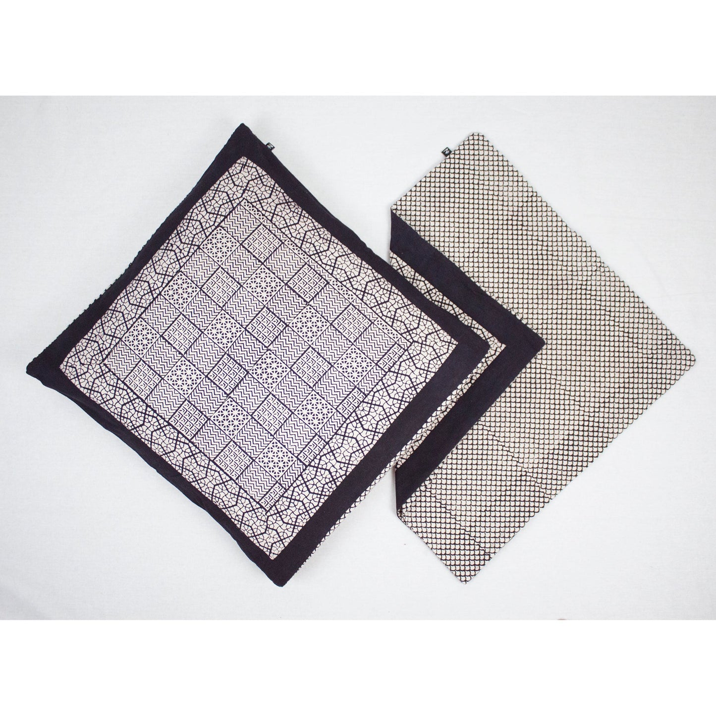 Checks Mix & Seashell Bagh Hand Block Print Cotton Cushion Cover - White Black-2