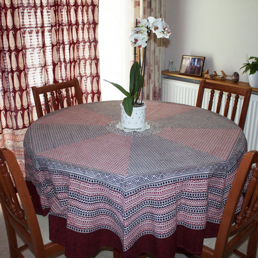 Ditsy Diamond Hand-block Print Round Table Cloth - Black Red-0