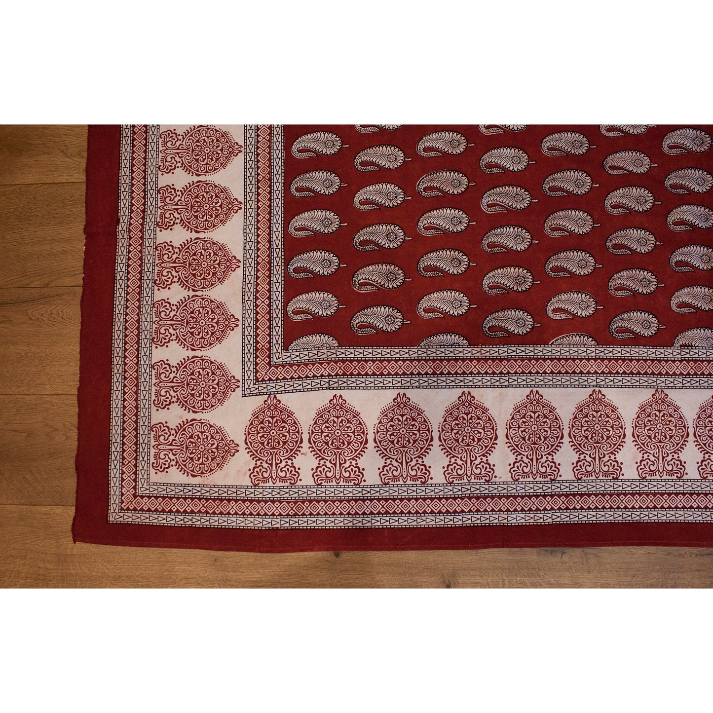 Paisley & Ambi Hand Block Print Area / Runner Rug - Red White-2