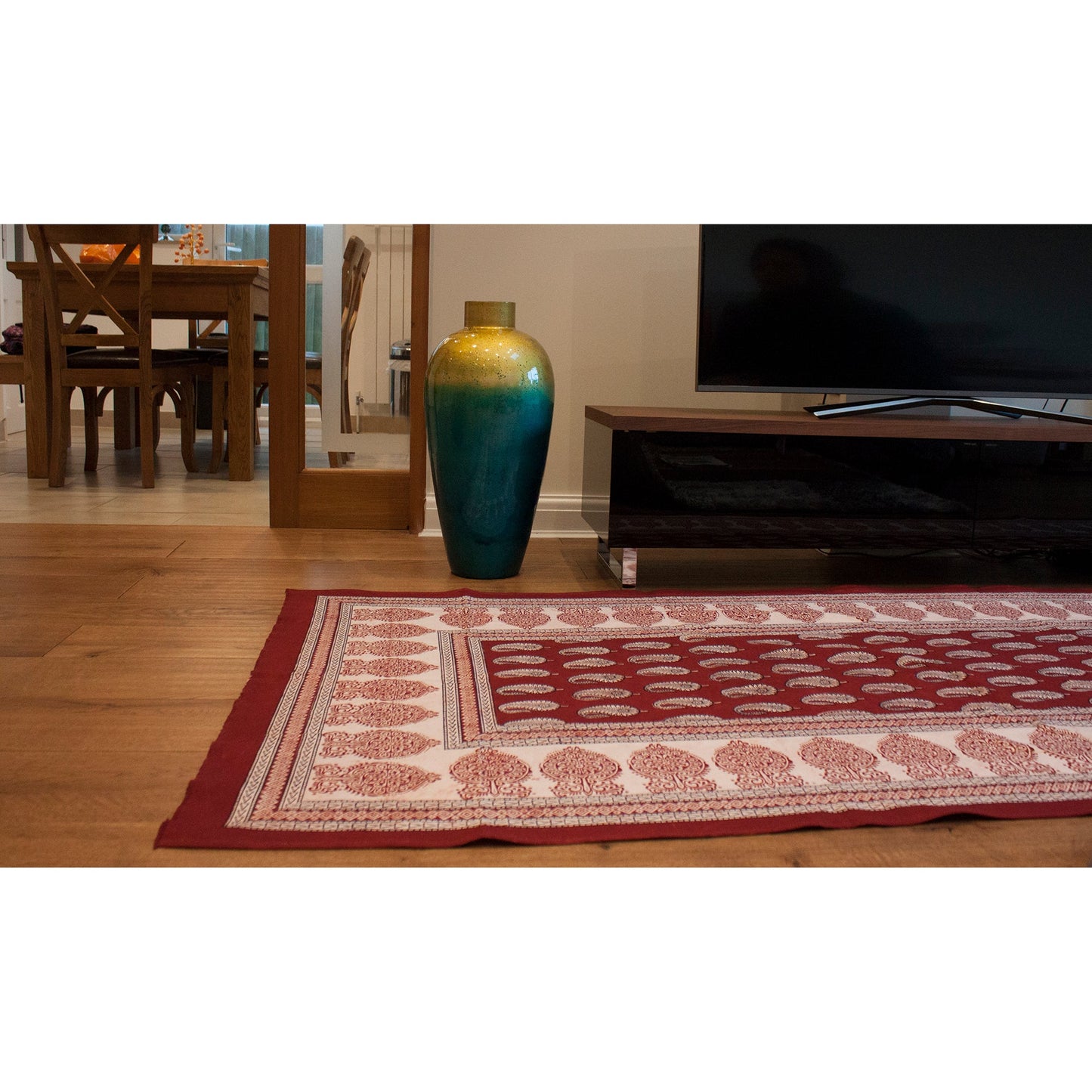 Paisley & Ambi Hand Block Print Area / Runner Rug - Red White-1