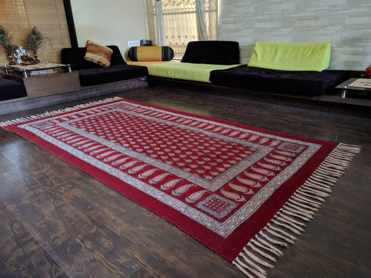 Traditional Paisley Jaal & Border Hand-block Print Rug - Red White-0