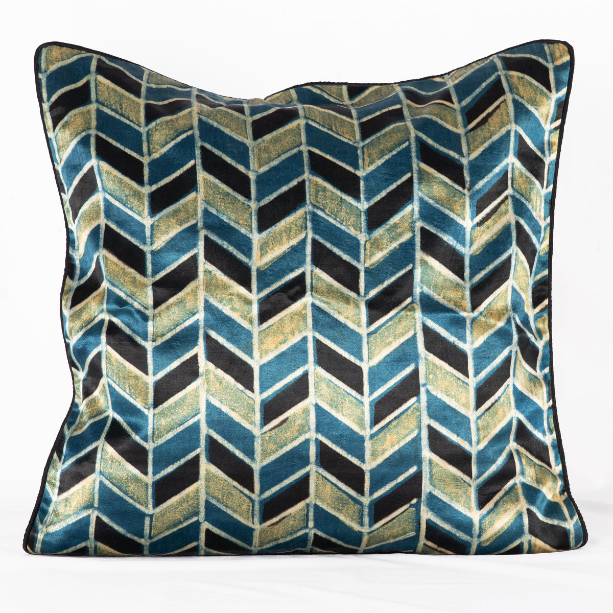 Geometric Chevron Hand Block Print Mashru Silk Cushion Cover - Blue Black-0