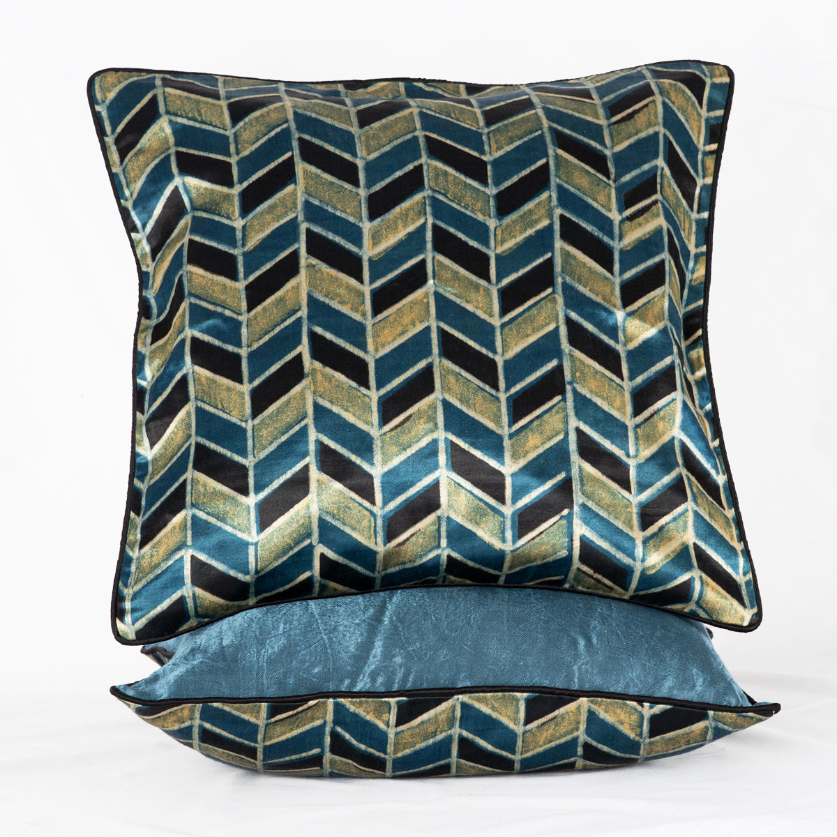 Geometric Chevron Hand Block Print Mashru Silk Cushion Cover - Blue Black-1