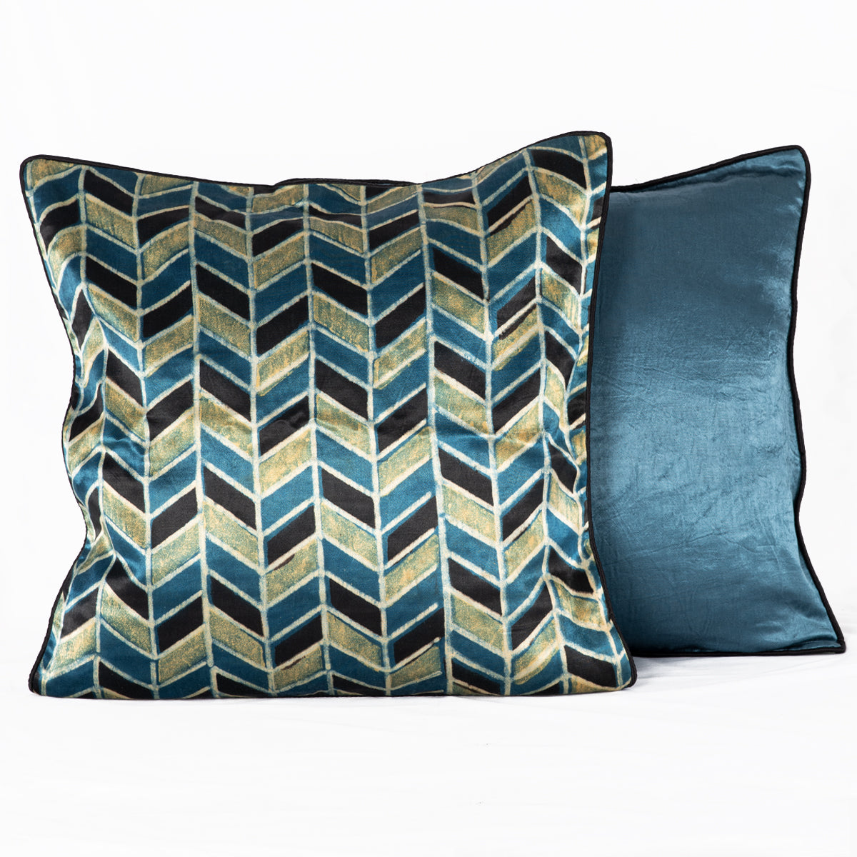 Geometric Chevron Hand Block Print Mashru Silk Cushion Cover - Blue Black-2