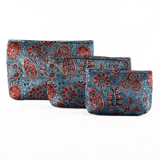 Hand-block Print Silk Travel Case Set of 3 - Blue Red Black Floral-0