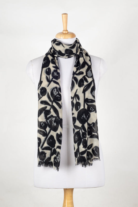 Buds and Flowers Merino Wool Scarf - Black White-0