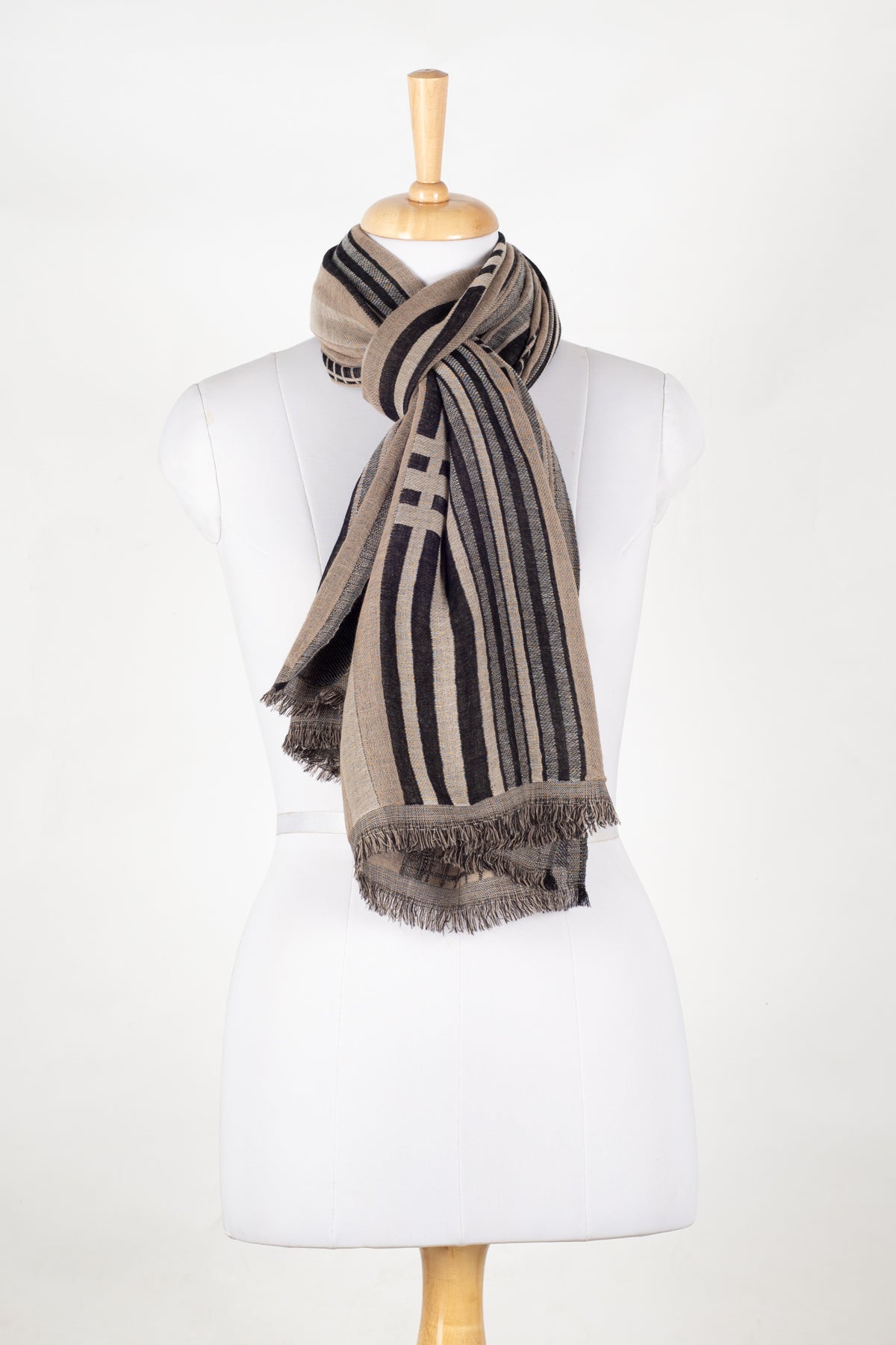 Checks and Stripes Abstract Jacquard Merino Wool Scarf - Black Beige-2