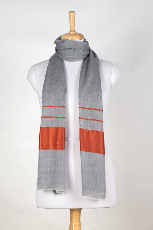 Border and Stripes Cashmere Wool Scarf - Grey Orange-0