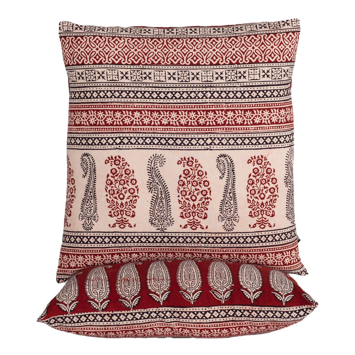 Paisley and Geometric Pattern Bagh Hand Block Print Cotton Cushion Cover - Red Black-1