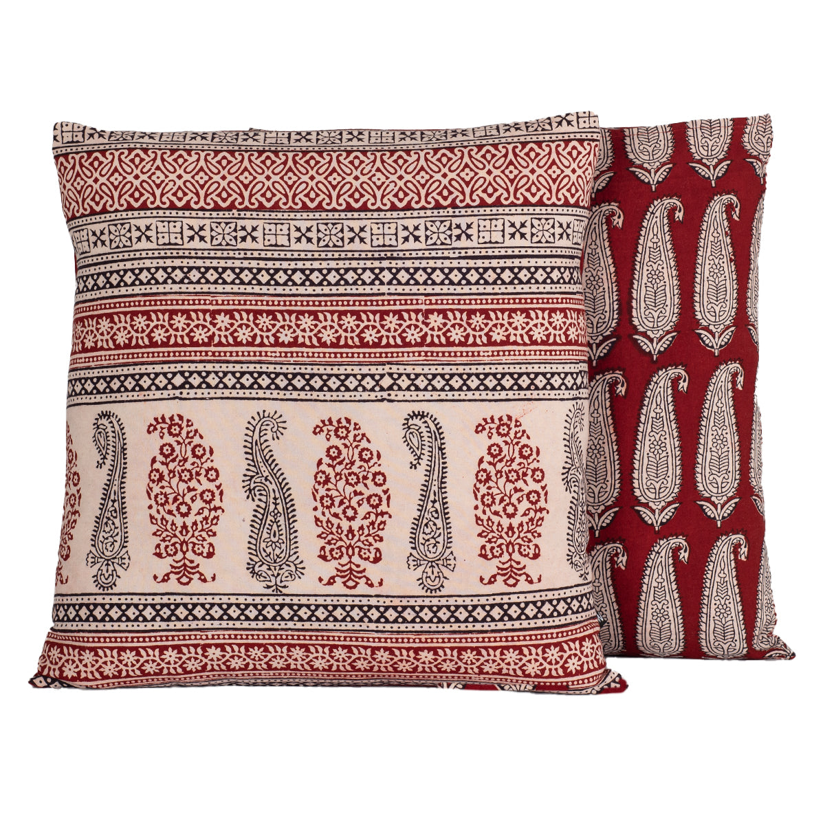 Paisley and Geometric Pattern Bagh Hand Block Print Cotton Cushion Cover - Red Black-2