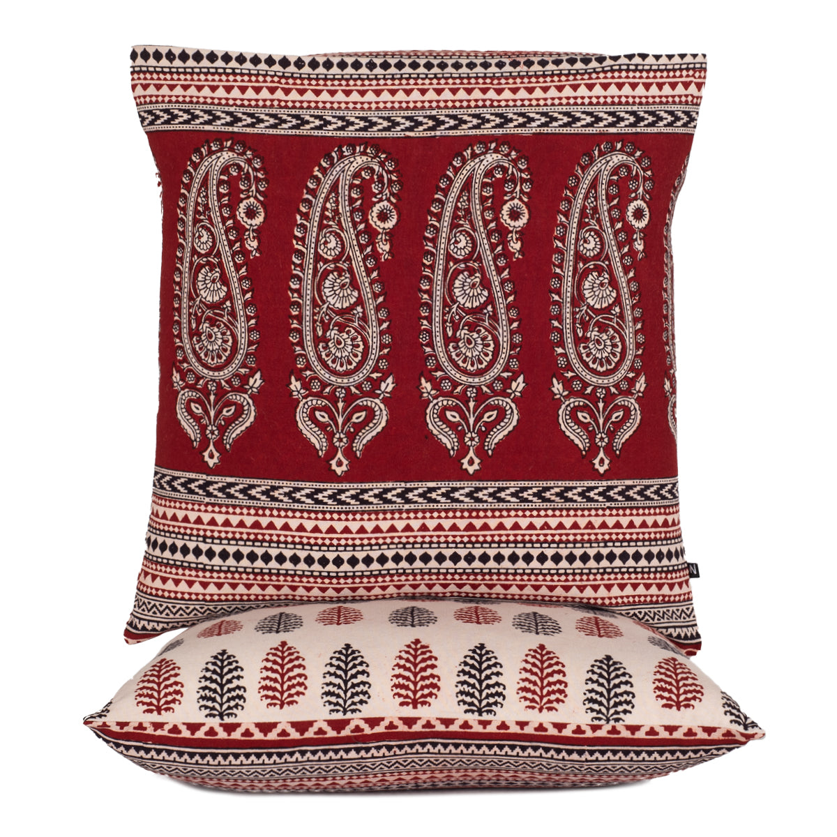 Paisley and Pine Bagh Hand Block Print Cotton Cushion Cover - Red Black-1