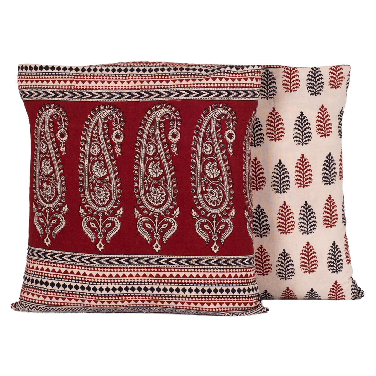 Paisley and Pine Bagh Hand Block Print Cotton Cushion Cover - Red Black-2