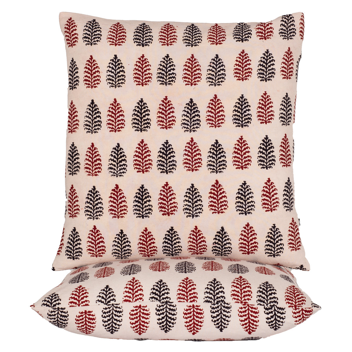 Pine Motif Bagh Hand Block Print Cotton Cushion Cover - Red Black-1