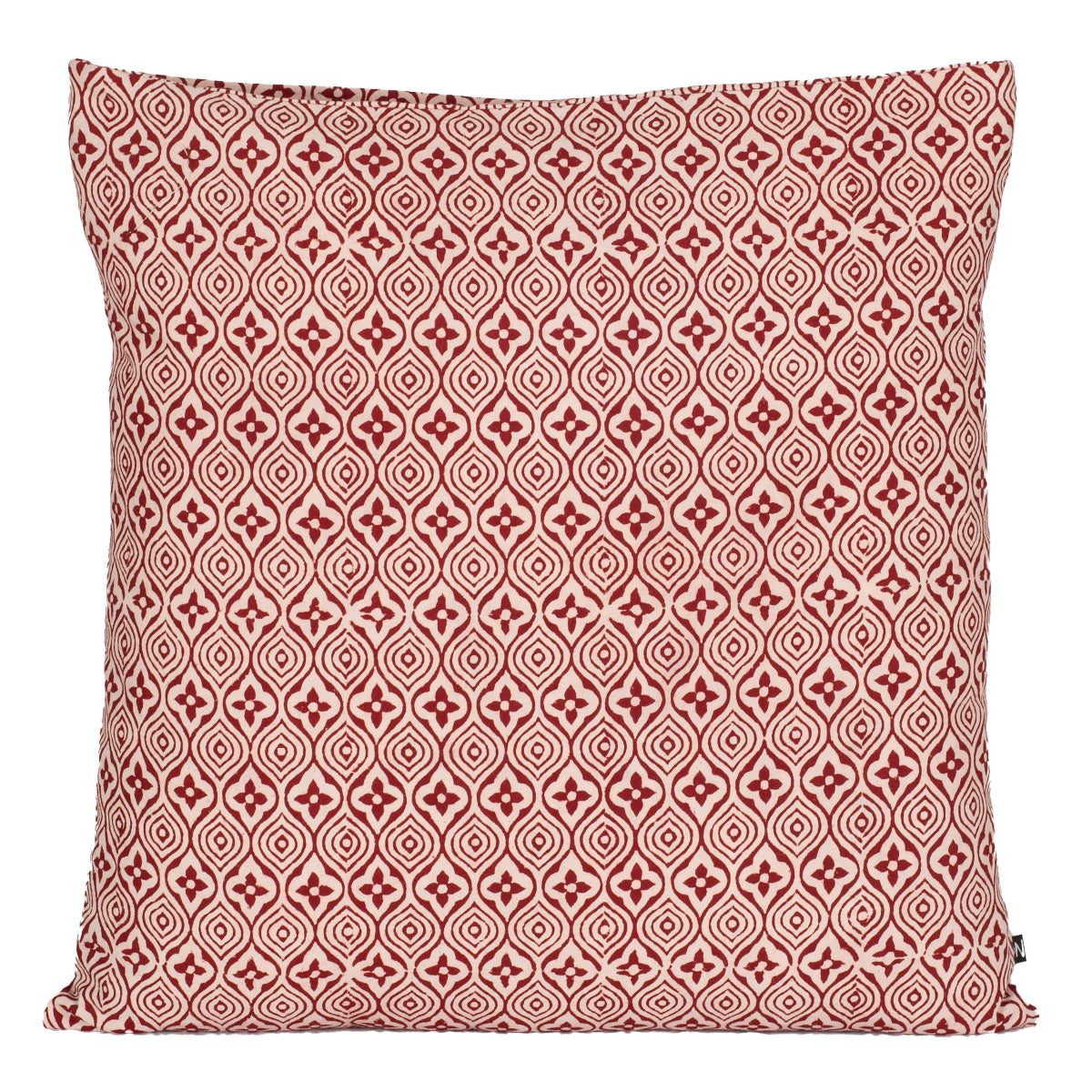 Flower Tile Bagh Hand Block Print Cotton Cushion Cover - Red White-0