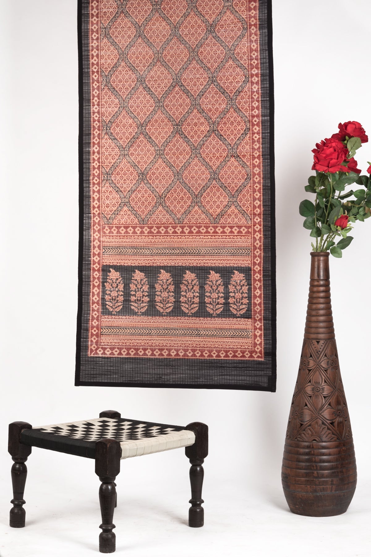 Diamond Bagh Hand Block Print Bamboo Wall Hanging - Red Black-0