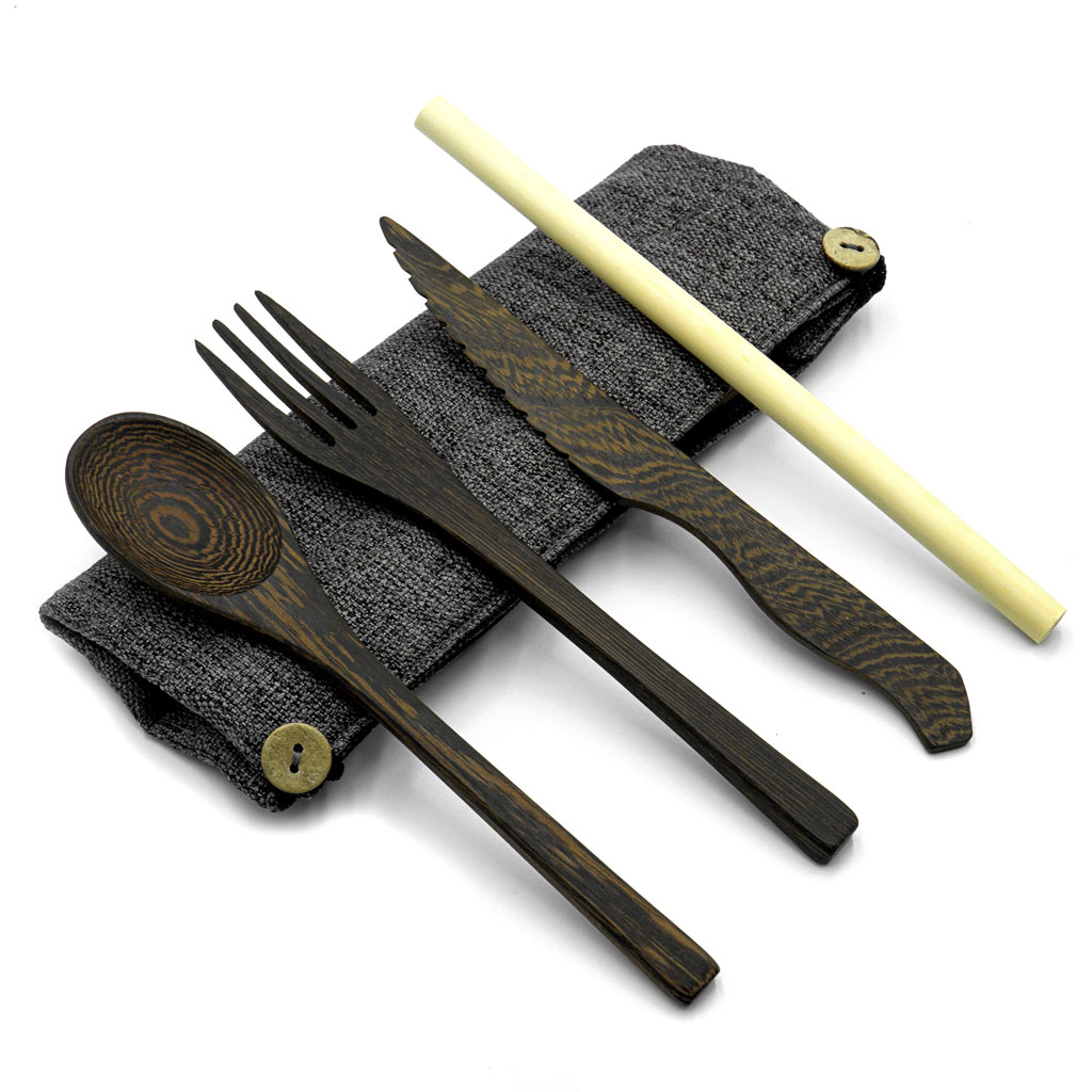Dark Wood Cutlery Set (Light grey bag)-9