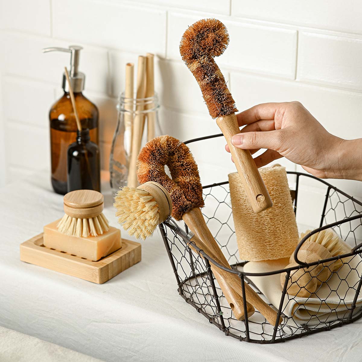Natural Dish Brushes for Washing Up | Plant Based Kitchen Scrubber Brush (6 Piece Starter Set)-10