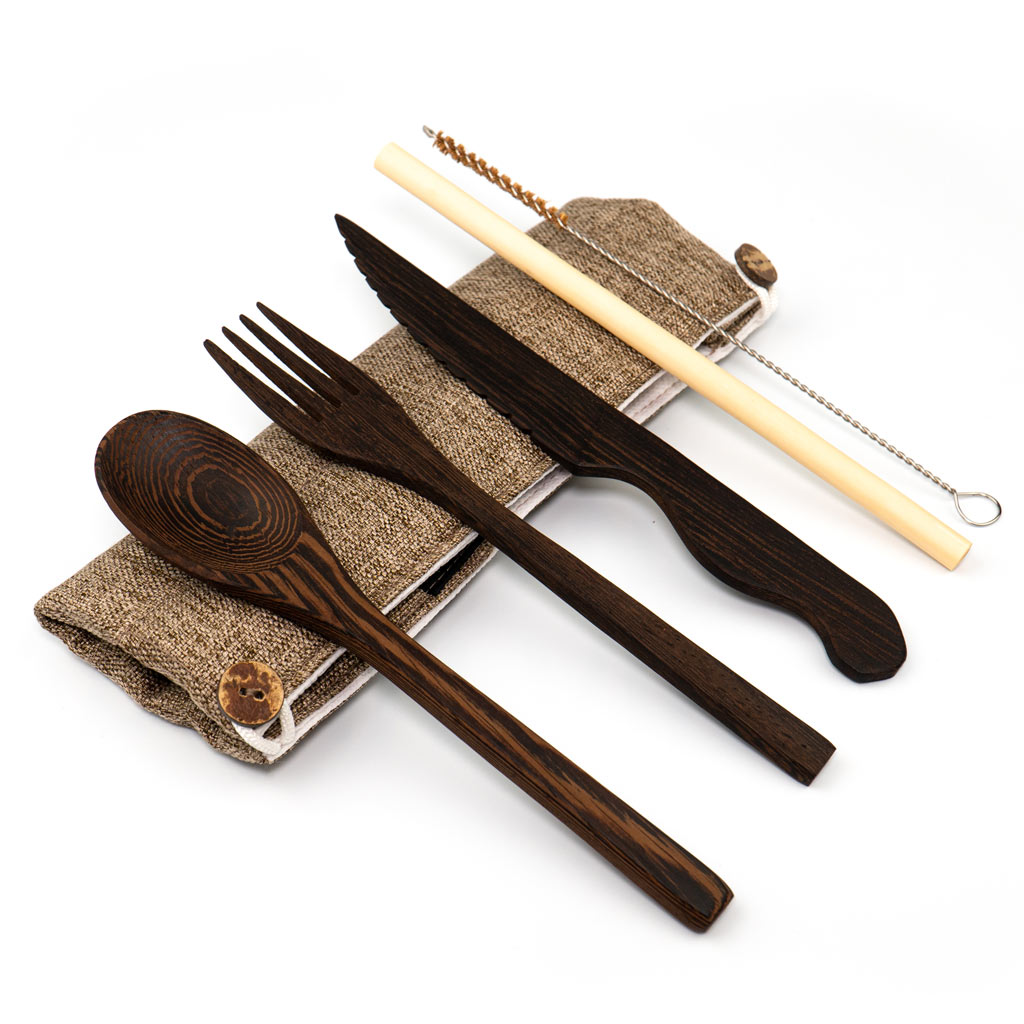 Dark Wood Cutlery Set (Light grey bag)-10