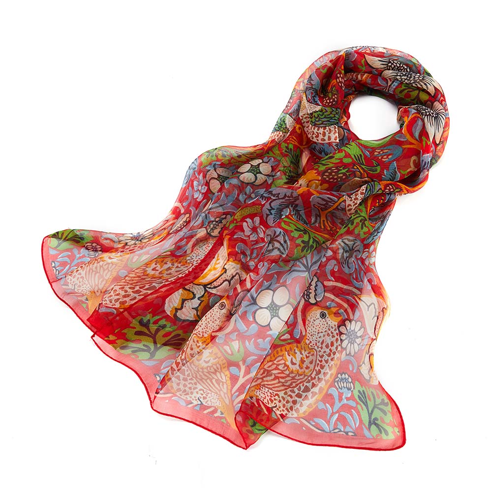 William Morris Strawberry Thief Red - 100% Pure Silk Art Scarf-0