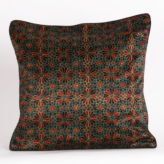 Geometric Flowers Hand Block Print Mashru Silk Cushion Cover - Red Black-0