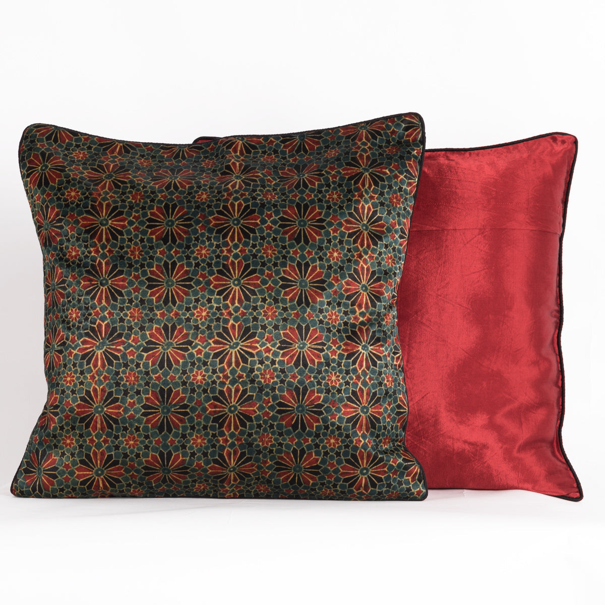 Geometric Flowers Hand Block Print Mashru Silk Cushion Cover - Red Black-2