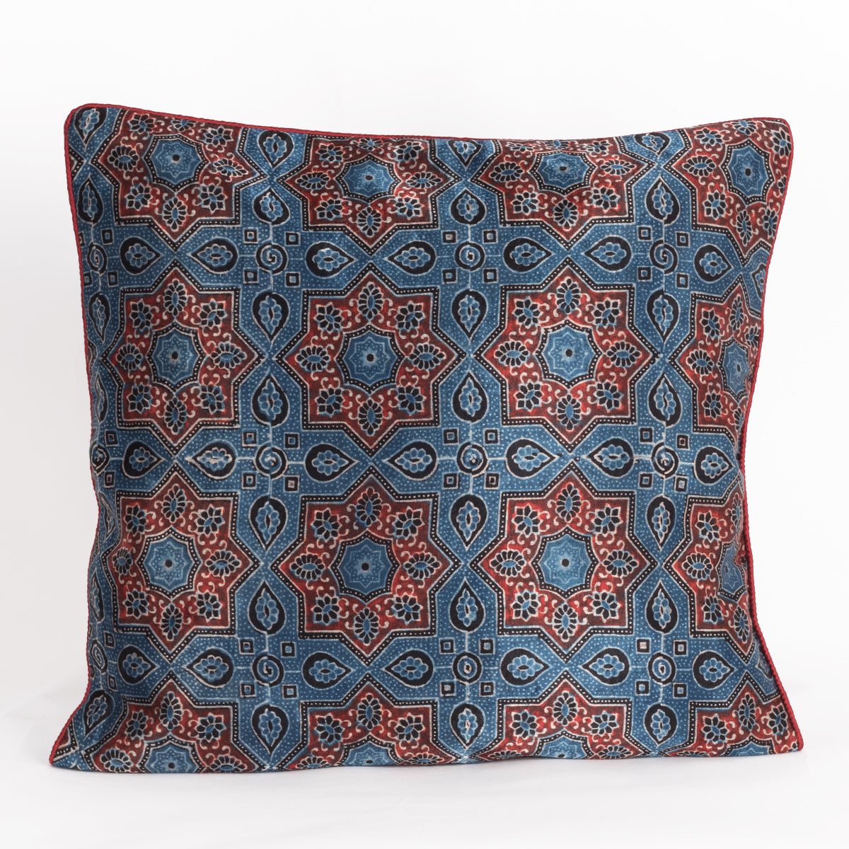 Star Flower Hand Block Print Mashru Silk Cushion Cover - Red Blue-0